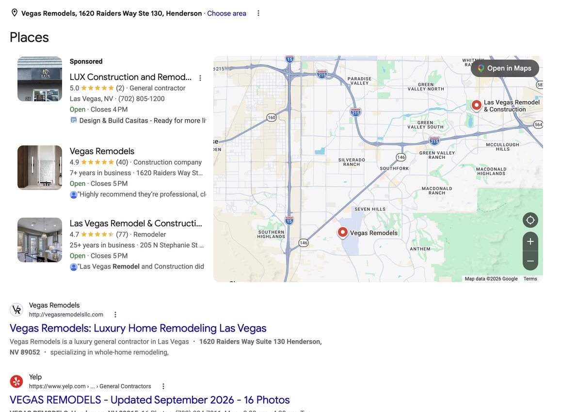 Google results for Vegas Remodels Henderson showing the local pack with 4.9 stars and 40 reviews, Yelp 2.7 stars, the site listed as http