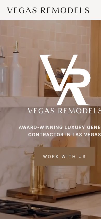 Homepage at 390px: logo, tagline and Work With Us button over a kitchen video